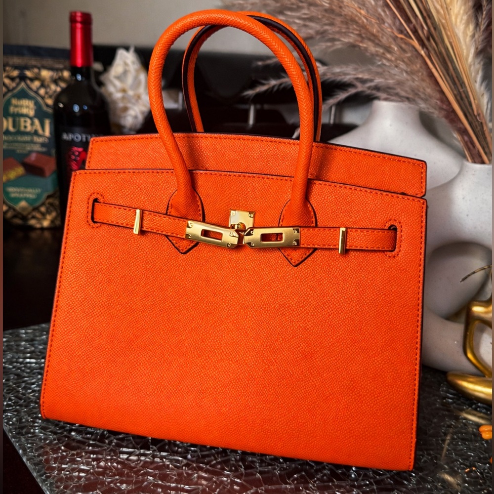 Orange Top Handle Leather Handbag with Gold Hardware - Picture 2 of 9